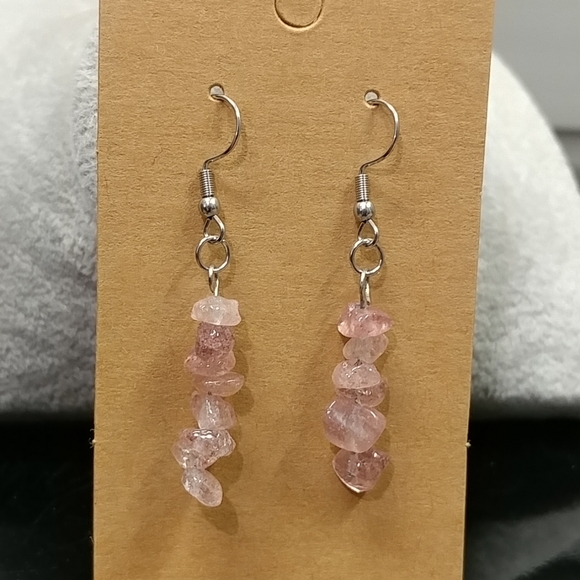 Strawberry Quartz Earrings Natural Gemstone Chip Beaded Surgical Stainless-Steel - Picture 7 of 11